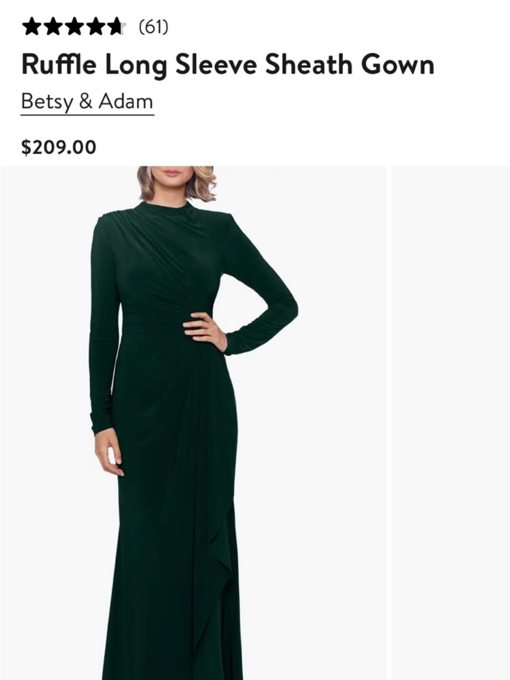 Betsy & Adam Dark Green Ruffle Long Sleeve Sheath Gown